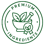 Logo with a mortar and pestle, leaves, and a badge labeled 'Premium Ingredients' on a white background.