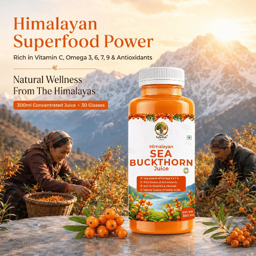 Himalayan Sea Buckthorn Juice bottle with people harvesting berries and mountains in the background