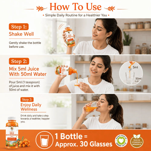 Instructions on how to use a juice product with a woman demonstrating the steps.