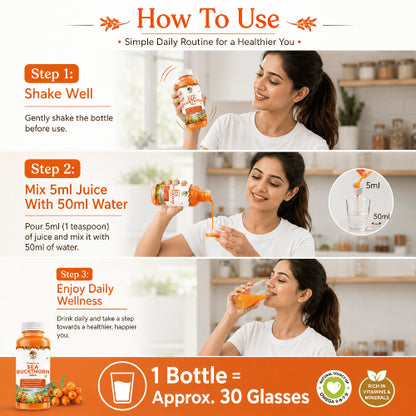 Instructions on how to use a juice product with a woman demonstrating the steps.