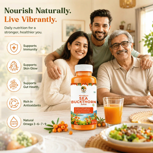 Family sitting together with a bottle of Himalayan Sea Buckthorn juice, surrounded by health benefits text.
