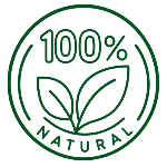 Green icon with '100% Natural' text and leaves on a white background