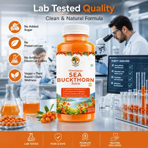 Himalayan Sea Buckthorn Juice bottle with lab setting and purity analysis on screen