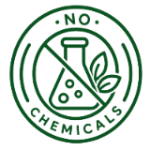 Logo with a beaker and leaves, indicating 'No Chemicals' on a white background.