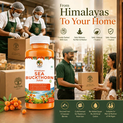 Himalayan Sea Buckthorn Juice packaging with workers and a delivery scene, emphasizing freshness and naturalness.