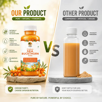 Comparison between a bottle of sea buckthorn juice and another product, highlighting purity and natural ingredients.