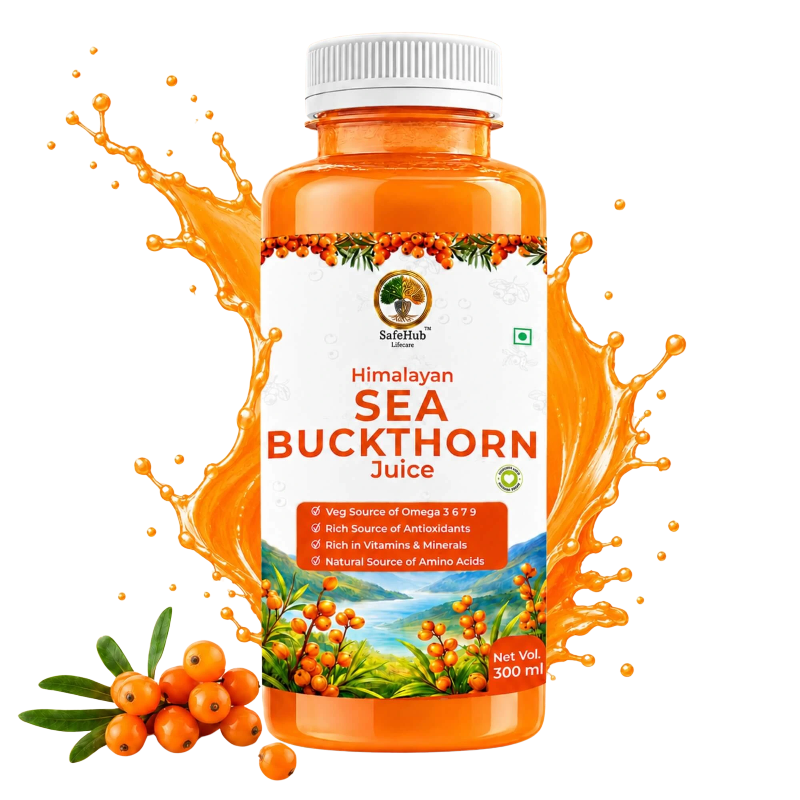 Bottle of Himalayan Sea Buckthorn Juice with orange juice splashes on a transparent background
