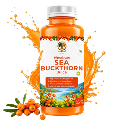 Bottle of Himalayan Sea Buckthorn Juice with orange juice splashes on a transparent background